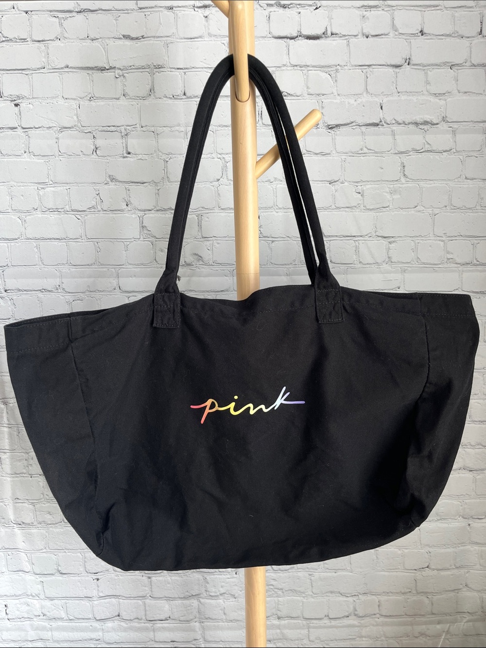 PINK Victoria's Secret Black Canvas Tote with Rainbow Script Logo